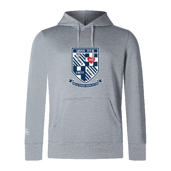 The University of Mary Washington Club Lightweight Hoodie by Canterbury, from WRS Canterbury, is a lightweight gray hoodie featuring a detailed crest with "UMW RFC 1977" and a Latin phrase on a blue and white background, complemented by an embroidered CCC logo.
