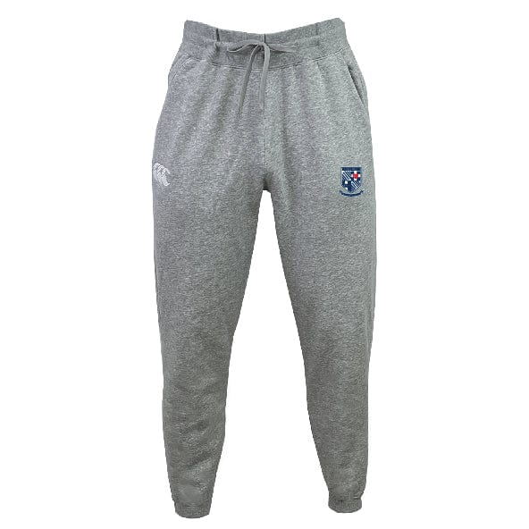The University of Mary Washington Leisure Sweatpant by Canterbury, from EMB Canterbury, is designed in gray and crafted from soft recycled polyester fleece. It features a drawstring waistband, elastic cuffs, a logo on the left leg, and a small white emblem on the right.