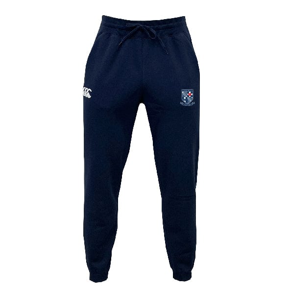 The University of Mary Washington Leisure Sweatpant by Canterbury, from EMB Canterbury, is made from recycled polyester fleece. These navy blue sweatpants feature a white logo on the left thigh, an embroidered patch on the right, and a drawstring waist for comfort.