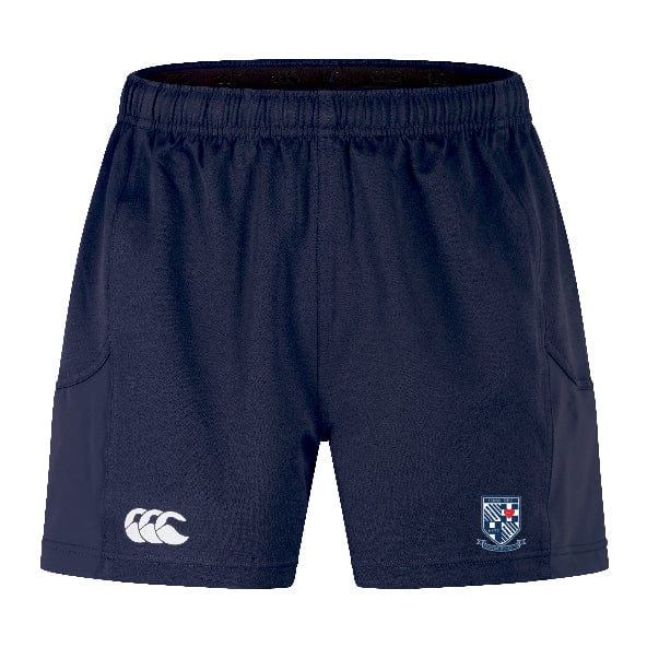 The University of Mary Washington Advantage Short 2.0 by Canterbury features a white logo of three overlapping curves on the left leg and a shield patch on the right leg, offering ultimate performance with 95% recycled content in Navy blue.