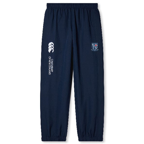 The University of Mary Washington Cuffed Hem Stadium Pant by Canterbury, in navy blue, features an elastic waistband and cuffs. Ideal for rugby enthusiasts, it showcases the "Canterbury of New Zealand" logo text and a crest logo on the left leg. These quick-drying track pants are perfect for both training sessions and casual wear.