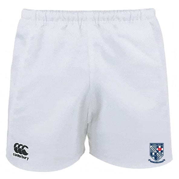 The University of Mary Washington Professional Polyester Rugby Shorts by EMB Canterbury are perfect for rugby enthusiasts. They feature white athletic shorts with the Canterbury logo on the left leg and a crest showcasing a blue shield with an eagle on the right leg. These polyester rugby shorts combine comfort and style, making them ideal for both play and leisure.