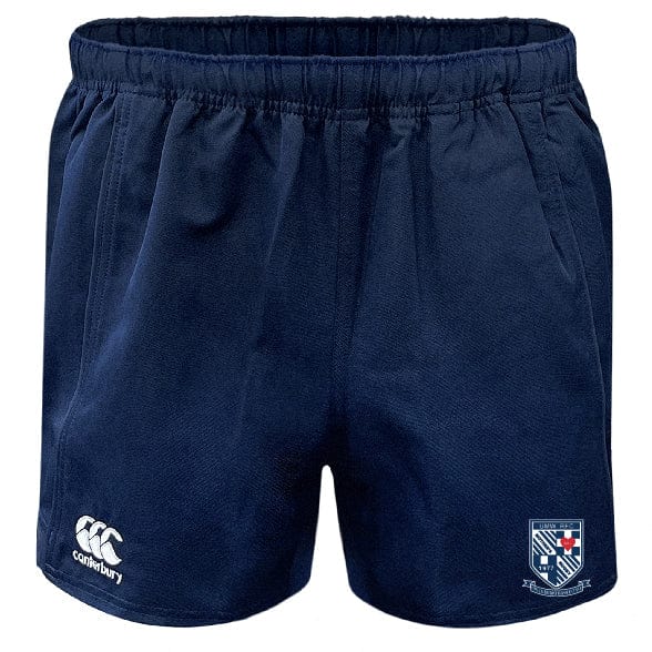 University of Mary Washington Advantage Rugby Shorts by Canterbury in navy blue, featuring the iconic EMB Canterbury logo on the left thigh and a shield emblem on the right. These shorts are designed with moisture management technology to meet every rugby player’s needs.