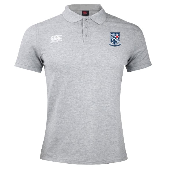 The University of Mary Washington Waimak Polo by EMB Canterbury is a gray shirt made from a cotton-polyester blend, featuring the Canterbury logo on the right chest and an embroidered shield emblem with text on the left chest.