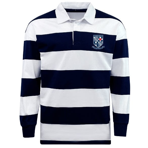 The University of Mary Washington Classic Long Sleeve Hooped Rugby Jersey by EMB Mudoo is a stylish piece featuring horizontal black and white stripes and an embroidered shield-shaped patch on the left chest. Ideal for those in search of fashionable leisurewear.