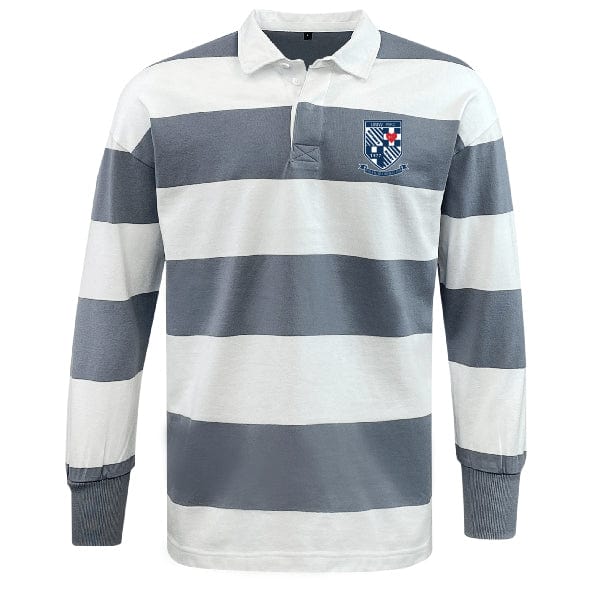 The University of Mary Washington Classic Long Sleeve Hooped Rugby Jersey by EMB Mudoo features wide horizontal stripes in grey and white, with a crest logo on the left chest. It's perfect for comfortable leisurewear.