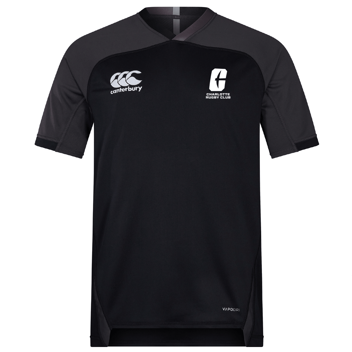 The UNC Charlotte Vapodri Evader Jersey by EMB Canterbury is a black rugby jersey with short sleeves, featuring the Canterbury logo on the left chest and a rugby club logo on the right. This jersey incorporates moisture-wicking technology for optimal performance on the field.