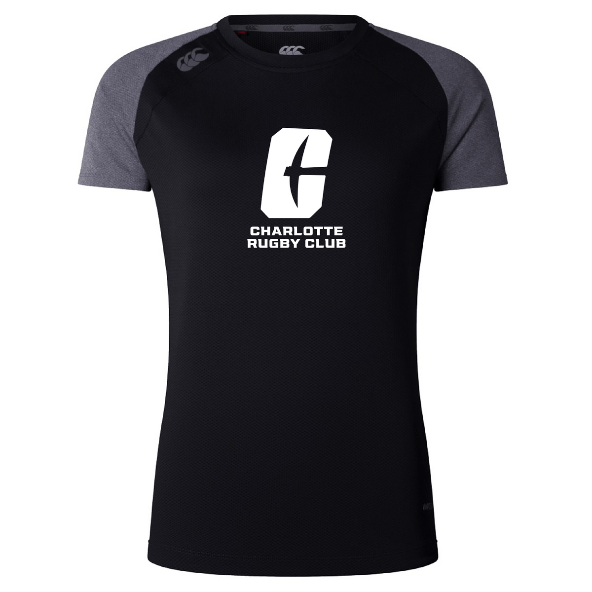 The UNC Charlotte Women's Elite Training Tee by Canterbury is a black and gray short-sleeved rugby shirt adorned with the "Charlotte Rugby Club" logo on the front. Crafted from lightweight fabric, this elite training tee by WRS Canterbury is engineered with Vapodri technology to ensure you stay cool and comfortable both on and off the field.