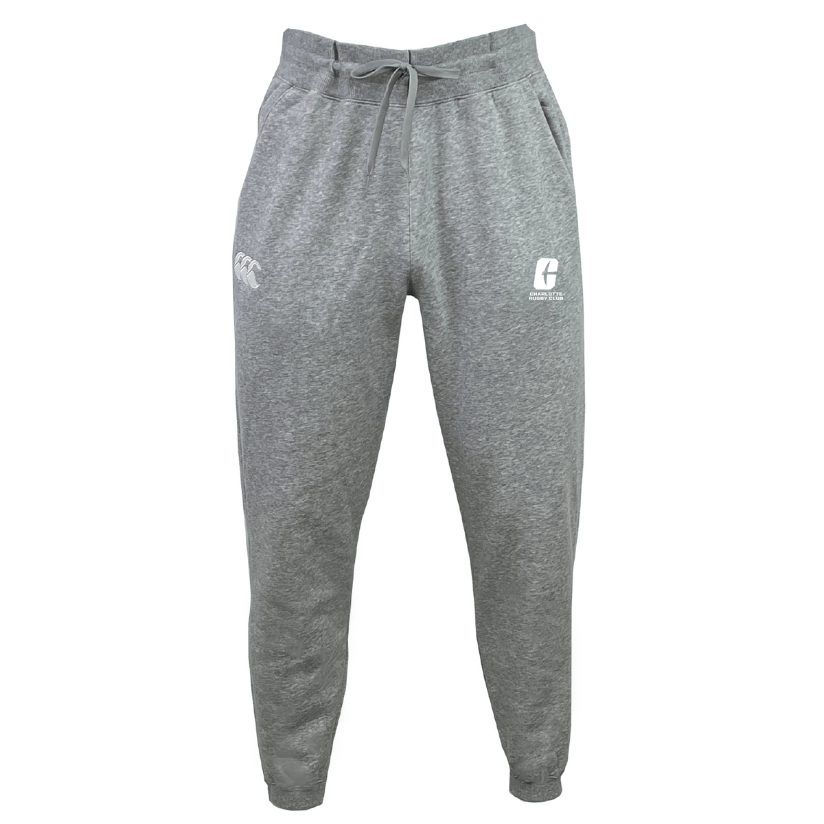 UNC Charlotte Leisure Sweatpant by EMB Canterbury features a drawstring waist, cuffed ankles, and the Canterbury logo on the upper thighs. Made from organic cotton, it offers comfort and style in gray.