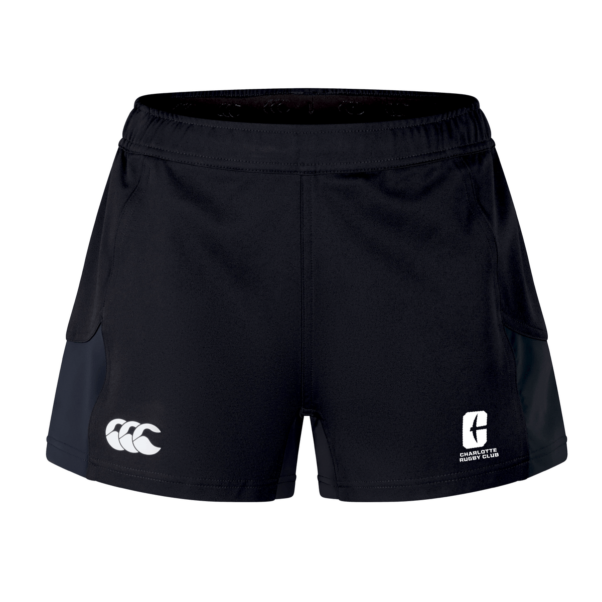 The UNC Charlotte Women's Advantage Short 2.0 by EMB Canterbury showcases a white logo on the front, designed with recycled content to enhance performance and sustainability.