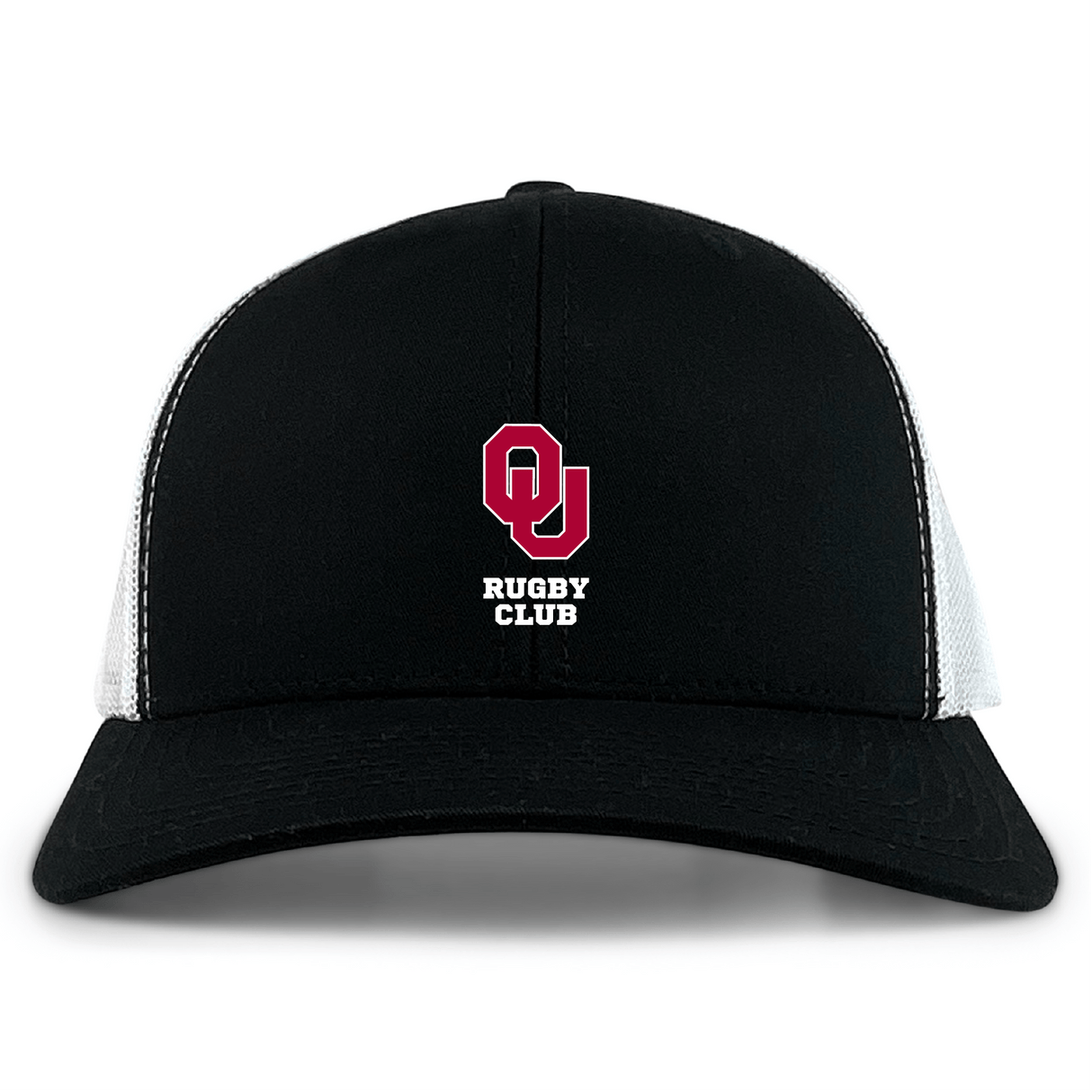 The University of Oklahoma Women Retro Trucker Cap by EMB S&S Activewear features a black and white design with an embroidered red "OU" logo above "Rugby Club" on the front and a classic snapback closure.