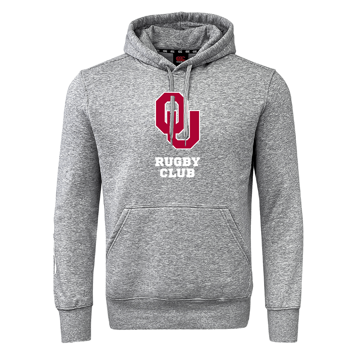 The University of Oklahoma Women's Club Hoodie by WRS Canterbury is a gray piece with a bold red "OU" logo and "Rugby Club" text. It's crafted from soft sweatshirt fleece, with a front pocket and drawstring hood. Optional customization adds a personal touch.