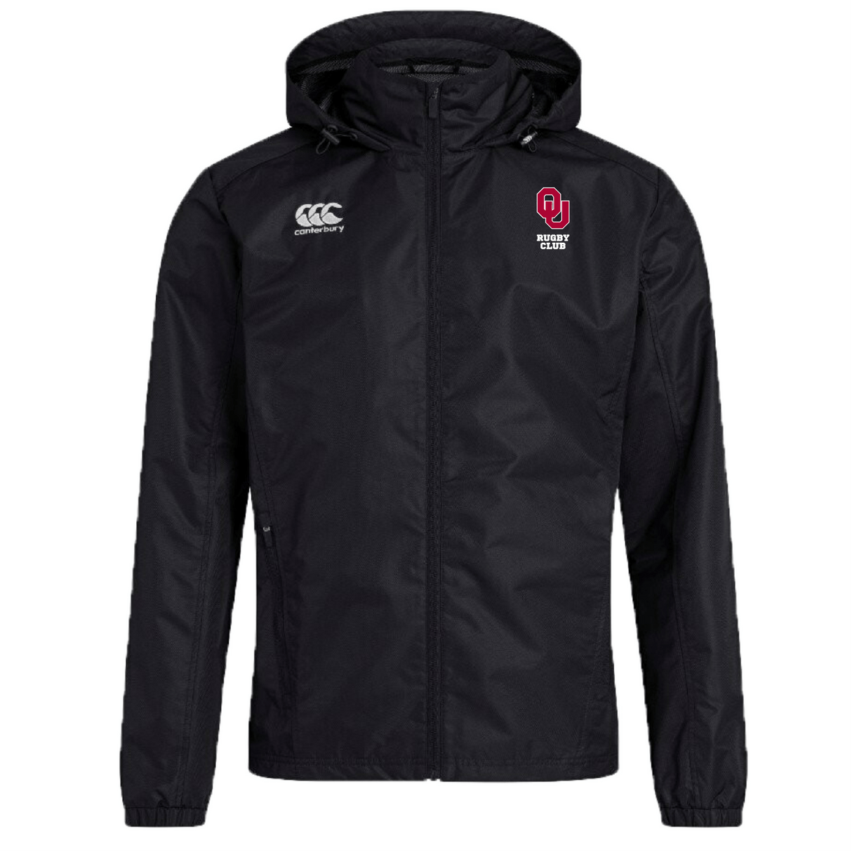 The University of Oklahoma Women Club Vaposhield Full Zip Rain Jacket by EMB Canterbury features a black hood, water-resistant VapoShield technology, zipper closure, and displays the Canterbury logo on the right chest with a "Rugby Club" logo on the left.
