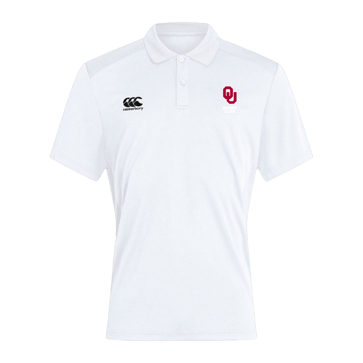 The EMB Canterbury University of Oklahoma Women Club Dry Polo showcases the Canterbury logo on the left and a red "OU" emblem on the right. Made with breathable Vapodri Technology, it offers both comfort and style, making it an ideal wardrobe addition.