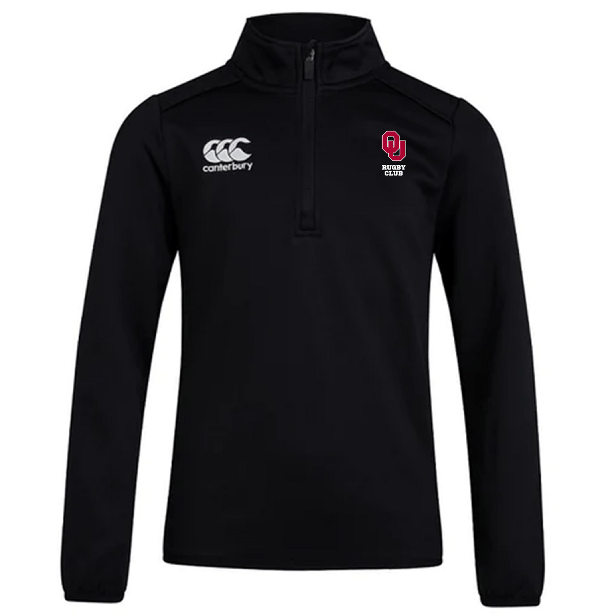 The University of Oklahoma Women Club 1/4 Zip Mid Layer Training Top by EMB Canterbury is a black fleece top featuring "Canterbury" and their logo on the left, with "Rugby Club" text and a logo on the right, offering comfort and style.