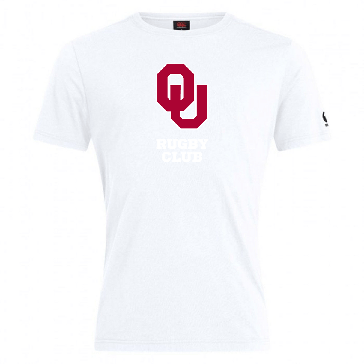 The University of Oklahoma Women's Club Tee by WRS Canterbury features a red "OU" logo and "Rugby Club" in white on a comfortable, cotton-heavy white T-shirt.