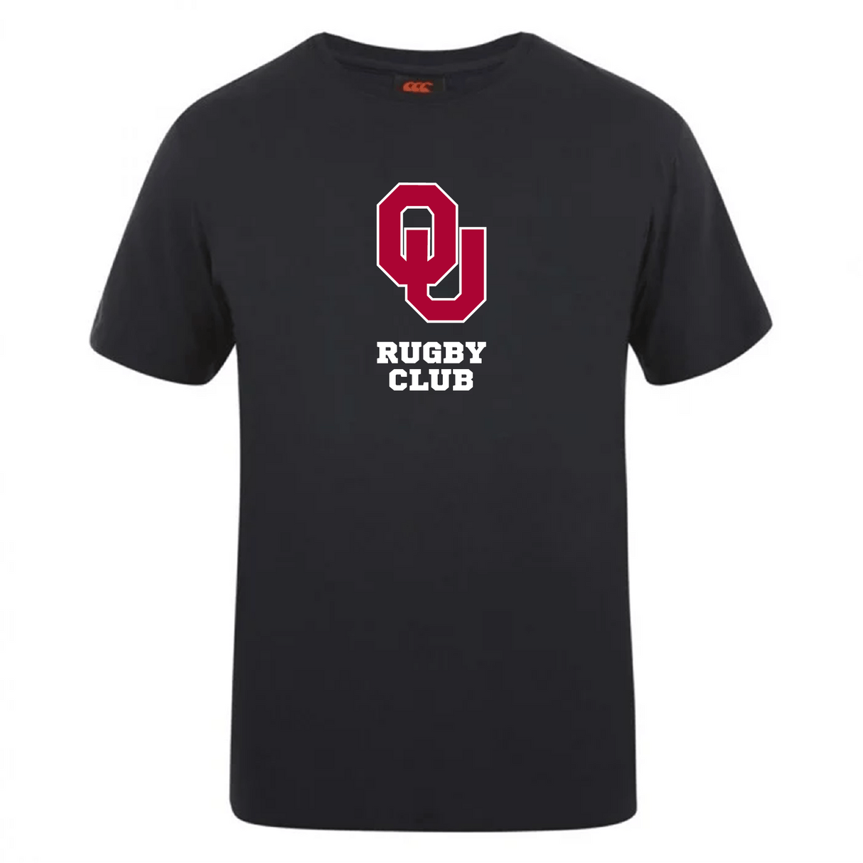 The University of Oklahoma Women Club Plain Tee by WRS Canterbury is a black cotton blend T-shirt with a prominent "OU Rugby Club" logo in vibrant red and white on the front.