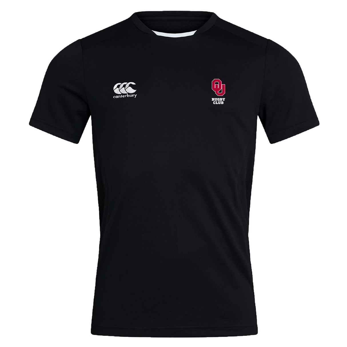 The University of Oklahoma Women's Club Dry Tee by EMB Canterbury showcases the Canterbury and AJ Rugby Club logos. Designed with Vapodri Technology, this black rugby jersey ensures breathability and a quick-drying experience.