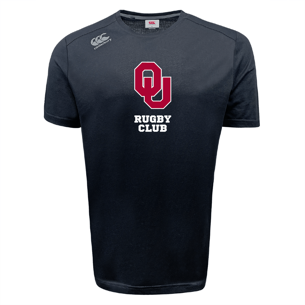 Black University of Oklahoma Women Tempo T-shirt by WRS Canterbury, featuring a central red and white "OU Rugby Club" logo, Canterbury branding on the shoulder, and VapoDri technology for moisture-wicking comfort.