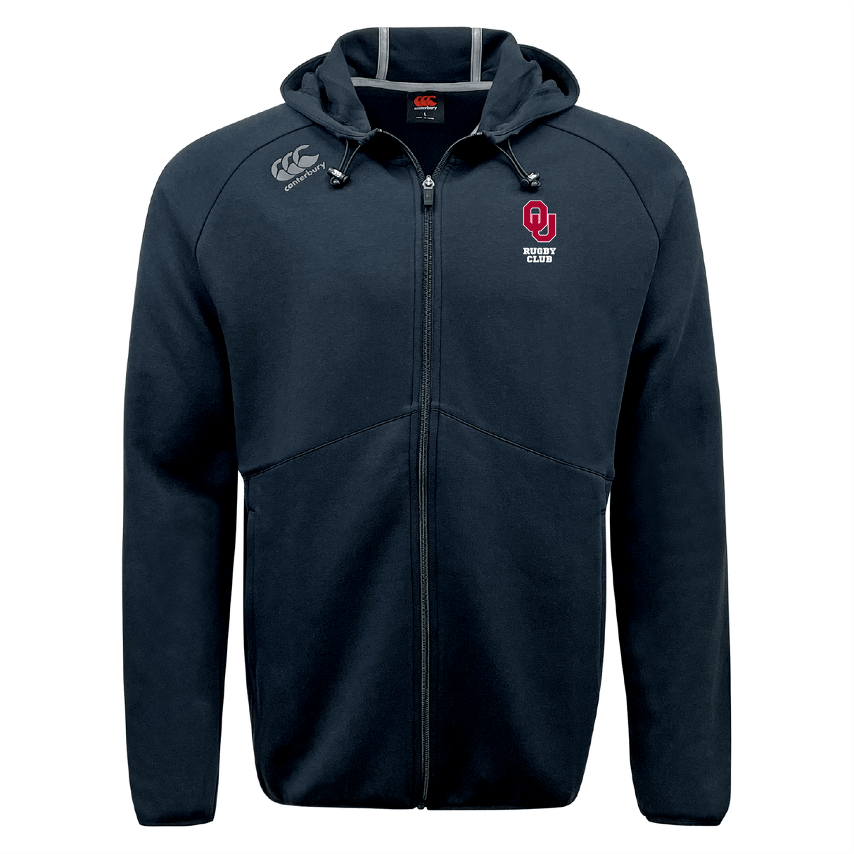 The University of Oklahoma Women Tempo Vapodri Full-Zip Hoodie by Canterbury is a navy blue CCC VapoDri hoodie with drawstrings, featuring moisture-wicking technology. It displays EMB Canterbury branding with a logo and text on the chest and a small logo on the shoulder.