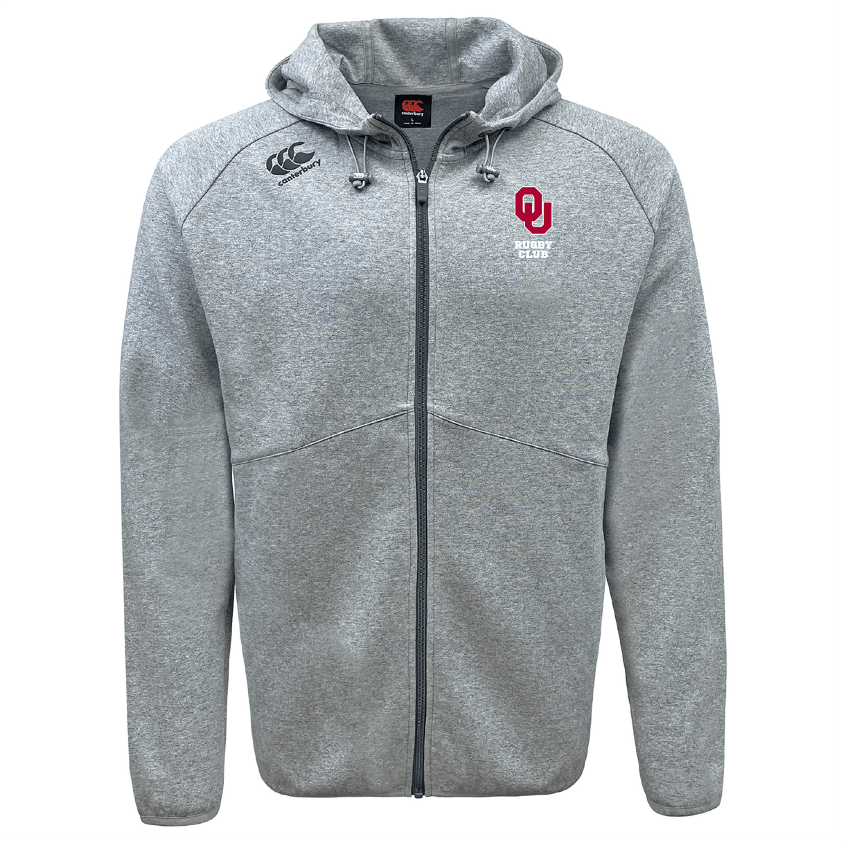 The University of Oklahoma Women Tempo Vapodri Full-Zip Hoodie by EMB Canterbury features moisture-wicking fabric, a gray hooded jacket with a zipper, Canterbury branding with an embroidered red logo on the left chest, a small white logo on the right, plus drawstrings and ribbed cuffs.