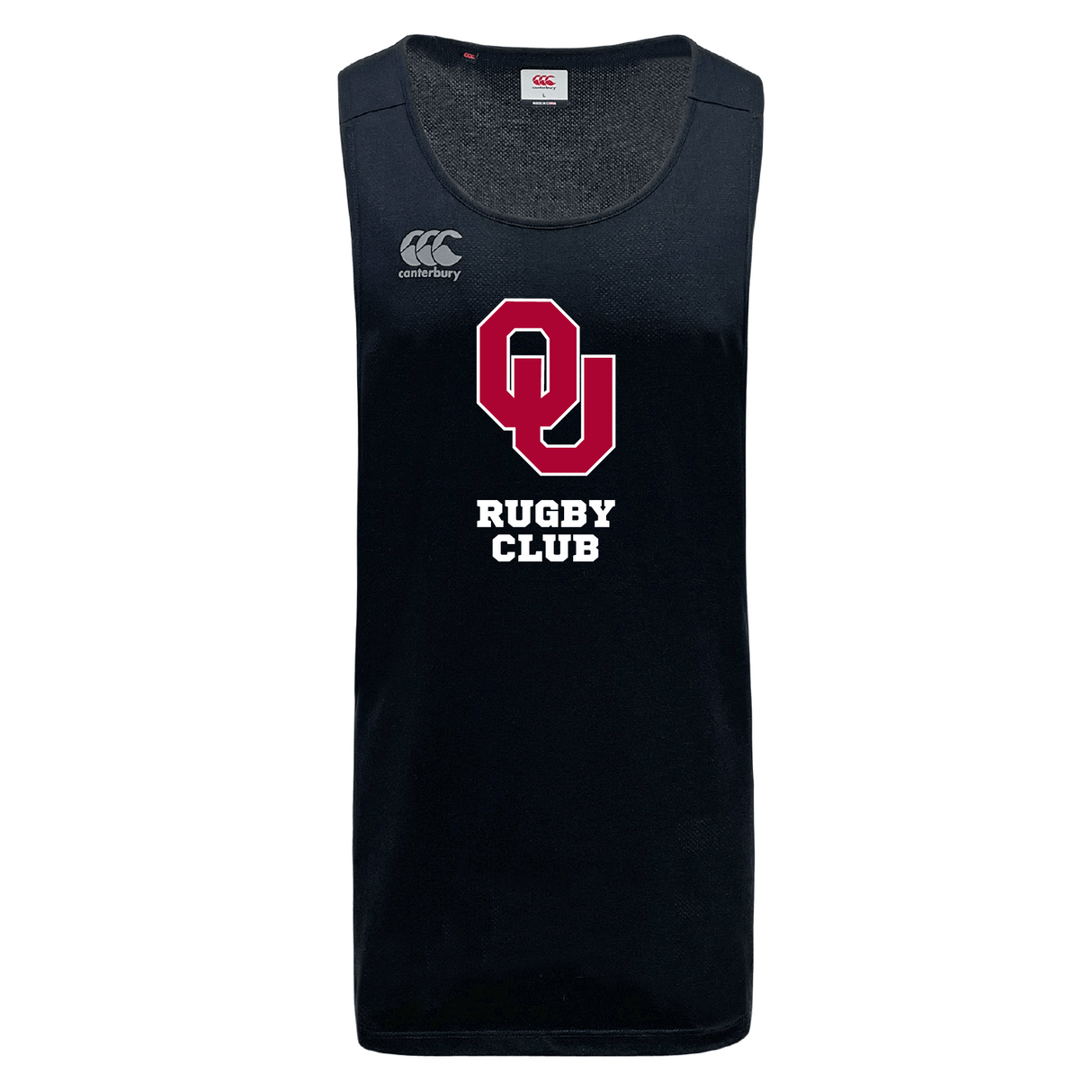 The University of Oklahoma Women Tempo Vapodri Singlet by WRS Canterbury features "OU Rugby Club" in red and white on the front, a Canterbury logo on the upper left, and is crafted from recycled polyester with VapoDri technology to keep you cool and dry.
