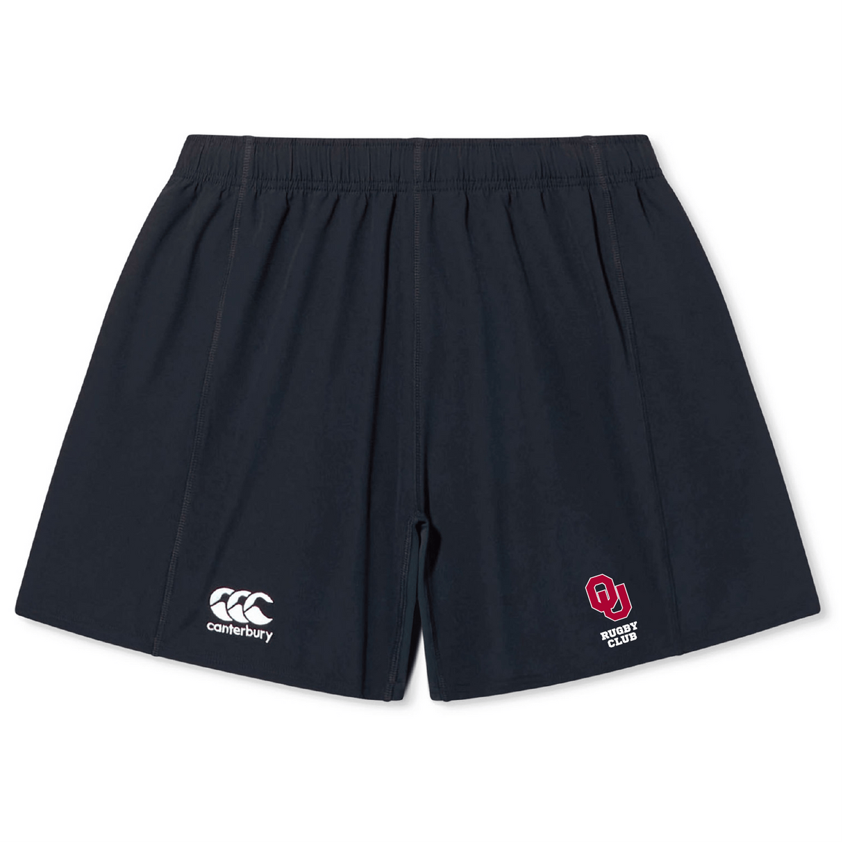 These black University of Oklahoma Women Yokohama Shorts by EMB Canterbury showcase the Canterbury logo on the left and a vibrant red "OU Rugby Club" logo on the right, crafted from lightweight durable fabric perfect for rugby players.