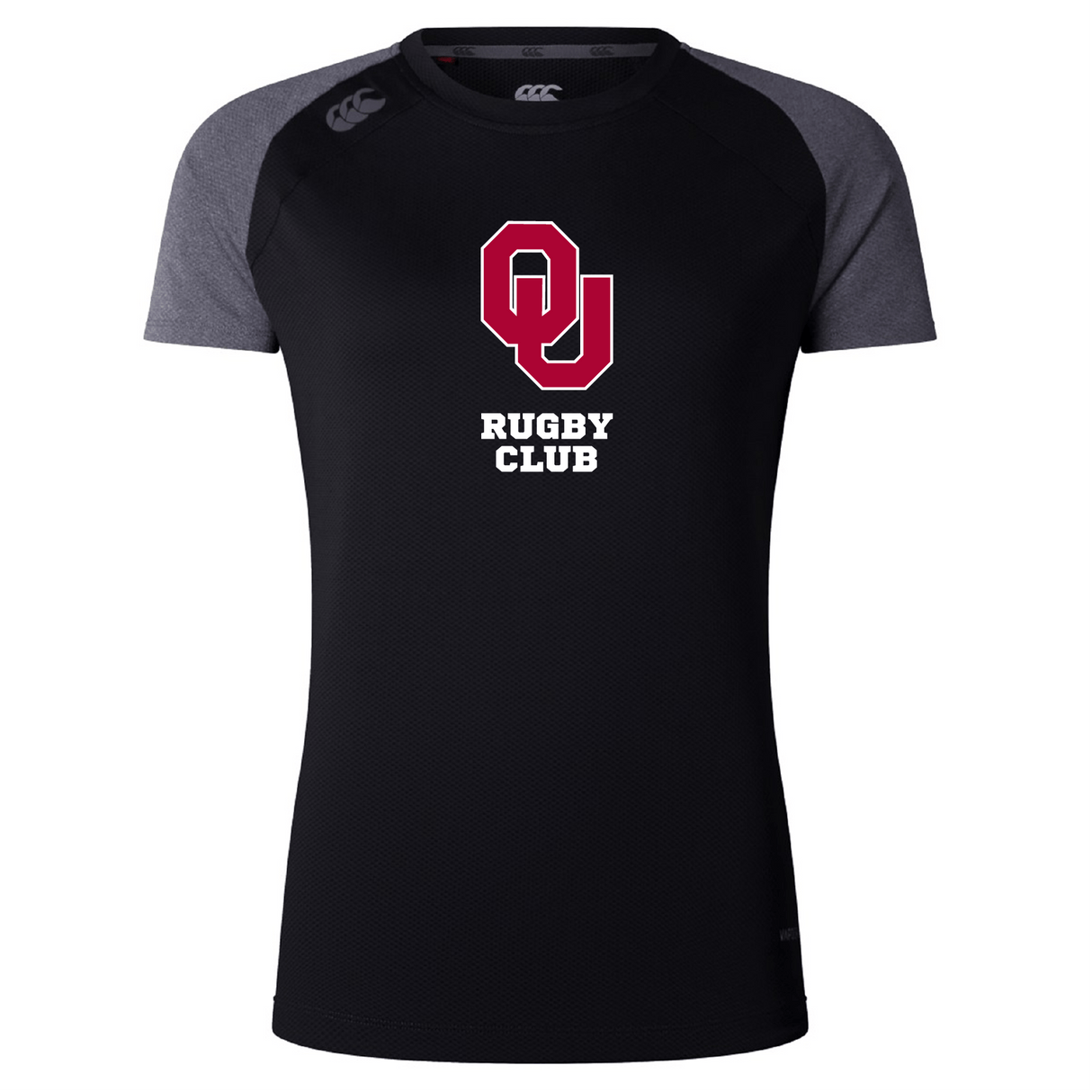The WRS Canterbury University of Oklahoma Women's Elite Training Tee is a black short-sleeved shirt with dark gray shoulders, made from Vapodri lightweight recycled polyester and featuring a red "OU Rugby Club" logo on the chest.