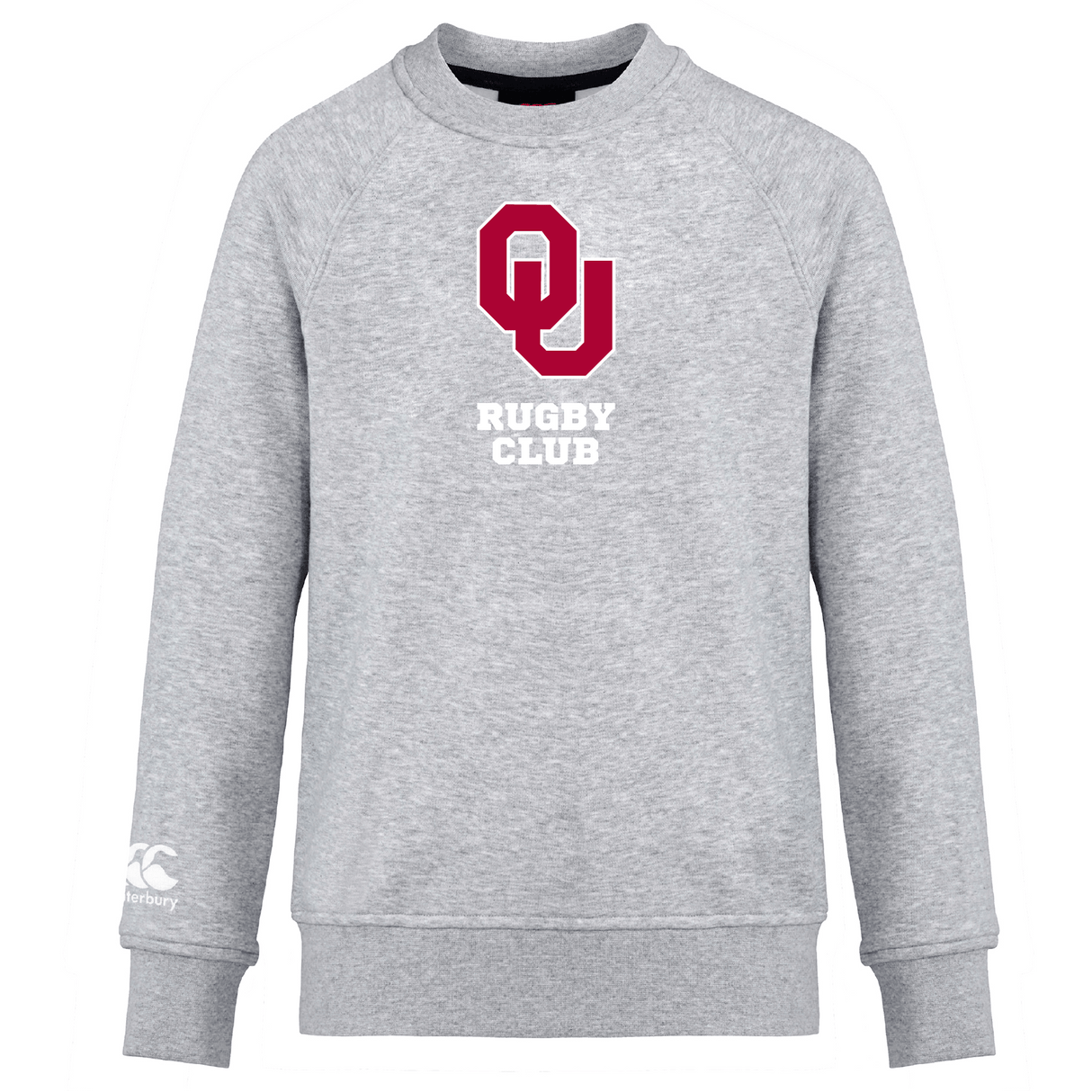 The University of Oklahoma Women Club Crew Sweatshirt by WRS Canterbury is a gray ultra-soft top with "OU Rugby Club" in bold red and white text on the front, plus an embroidered CCC logo for classic style.
