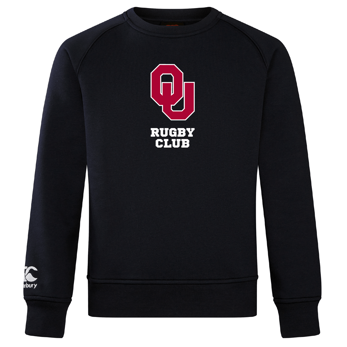 The University of Oklahoma Women's Club Crew Sweatshirt by WRS Canterbury is a black sweatshirt with "OU Rugby Club" in maroon and white on the front and an embroidered CCC logo on the right sleeve cuff, offering ultra-soft comfort and style.