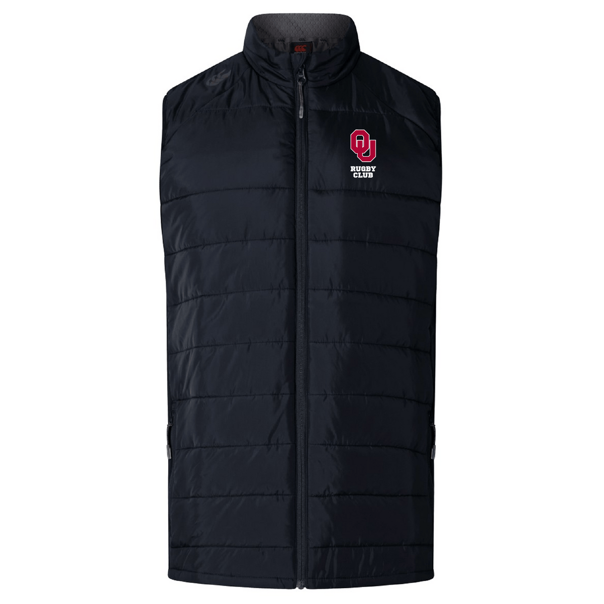 The University of Oklahoma Women Elite Microlite Gilet by EMB Canterbury is a black quilted gilet with a high collar, featuring insulated baffles and an embroidered red and white "OU Rugby Club" logo on the left chest.