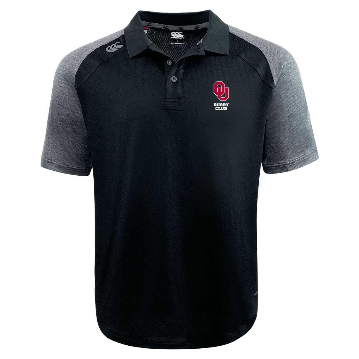 The University of Oklahoma Women Elite Polo by EMB Canterbury is crafted with lightweight, durable Vapodri fabrics, featuring gray sleeves and a prominent red "OU Rugby Club" logo on the chest.