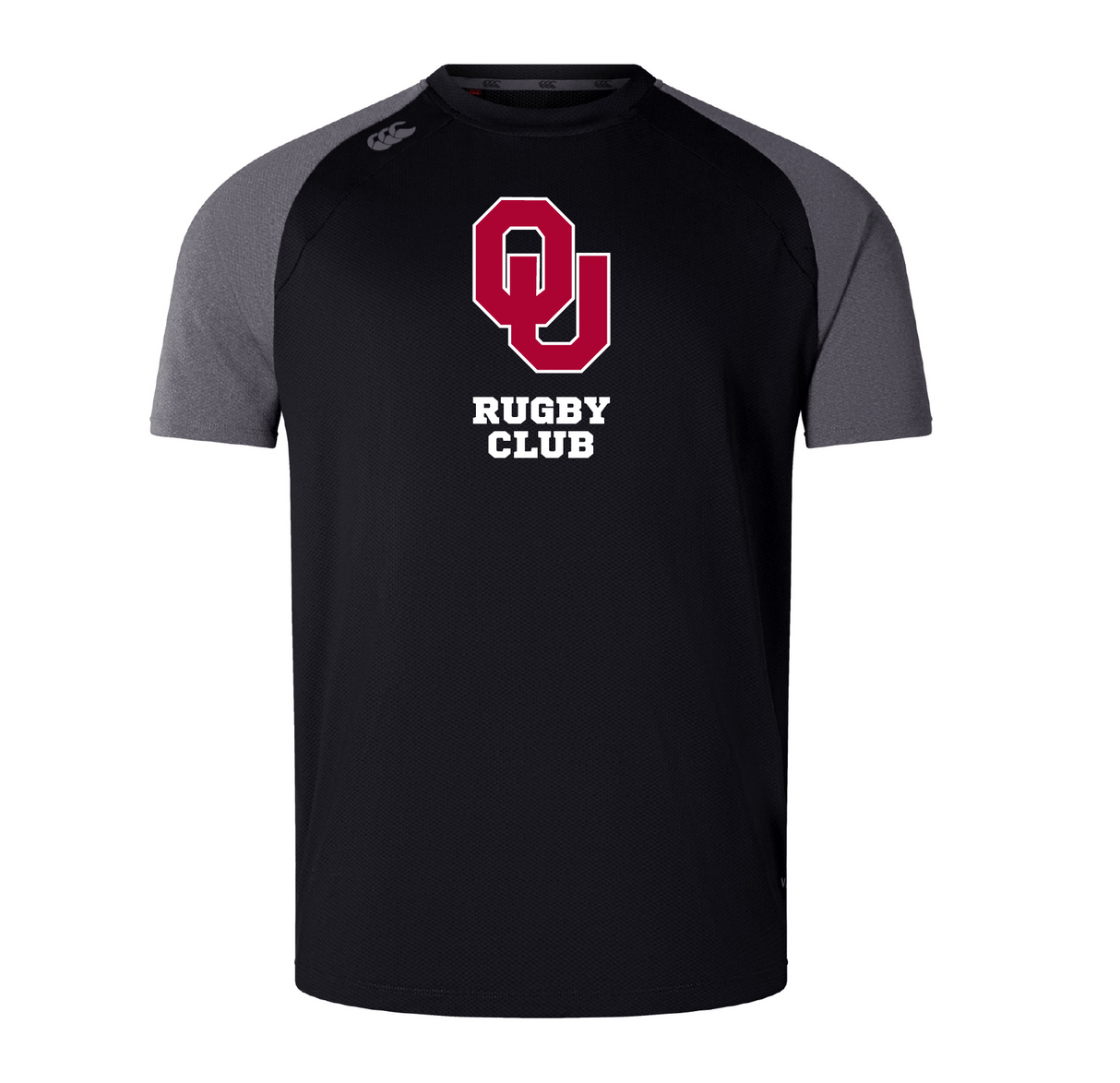 The University of Oklahoma Women Elite Training Tee by WRS Canterbury features a black and gray rugby design with "OU Rugby Club" on the front, crafted from Vapodri fabric for comfort. A striking red logo adds style and performance.
