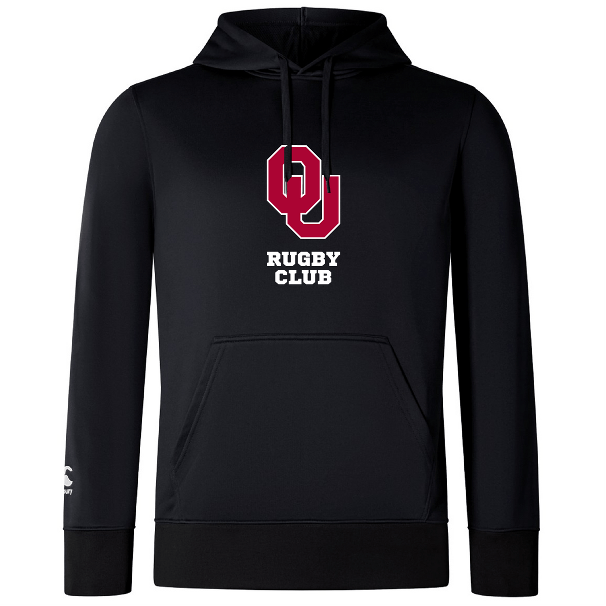 The University of Oklahoma Women Club Lightweight Hoodie by WRS Canterbury is a black hoodie with a red "OU" logo and "Rugby Club" text, featuring a kangaroo pocket.