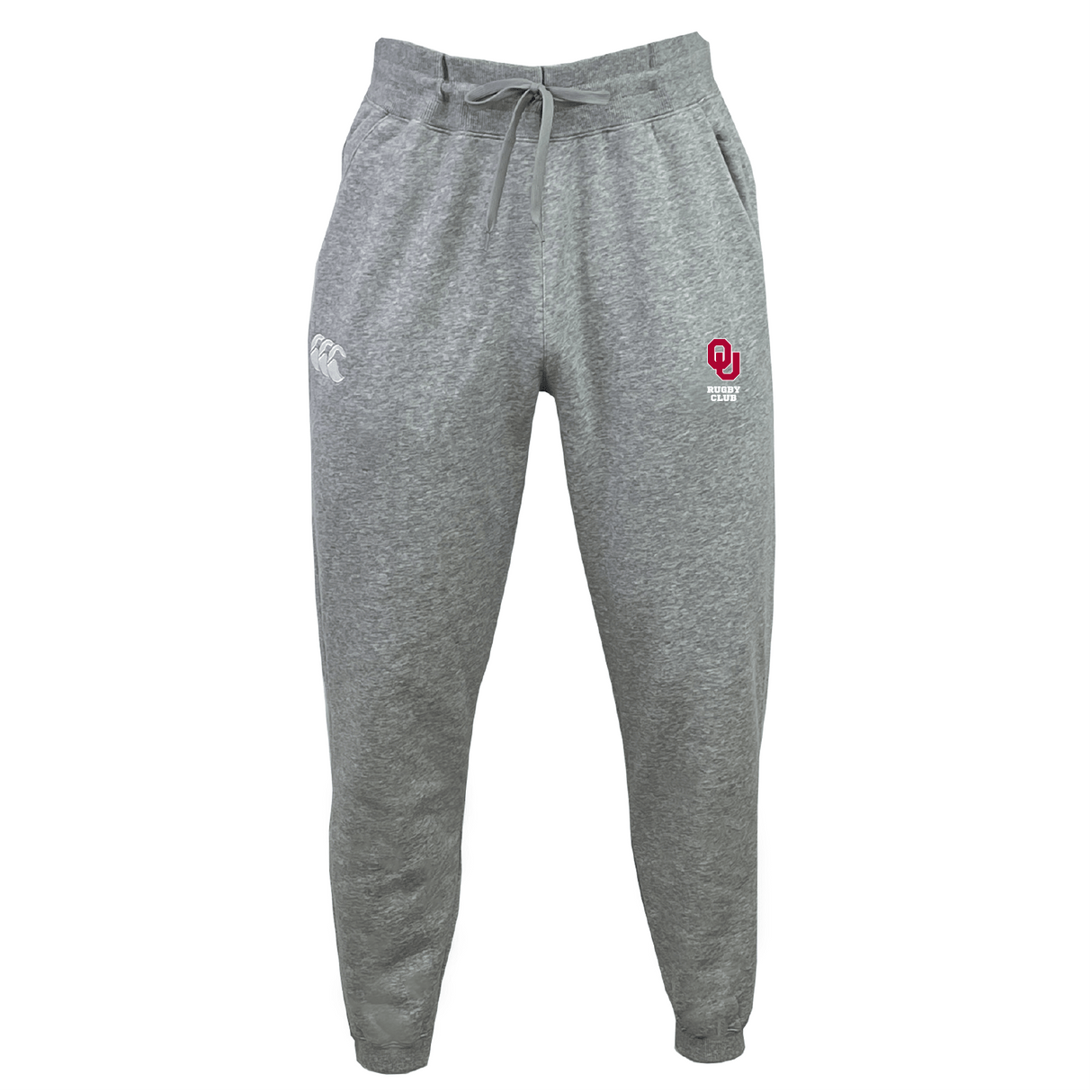 University of Oklahoma Women Leisure Sweatpant by EMB Canterbury in gray, made with organic cotton and a drawstring waist, featuring a white logo on the left thigh and a red logo on the right thigh.