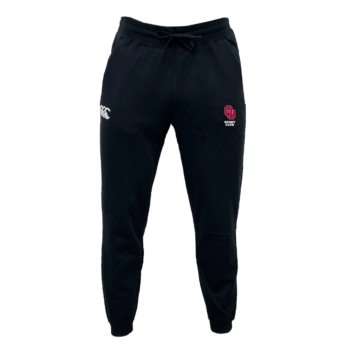 The University of Oklahoma Women Leisure Sweatpant by EMB Canterbury features drawstrings, a white CCC logo on the left, a red OU logo with text on the right, and is crafted from soft organic cotton.