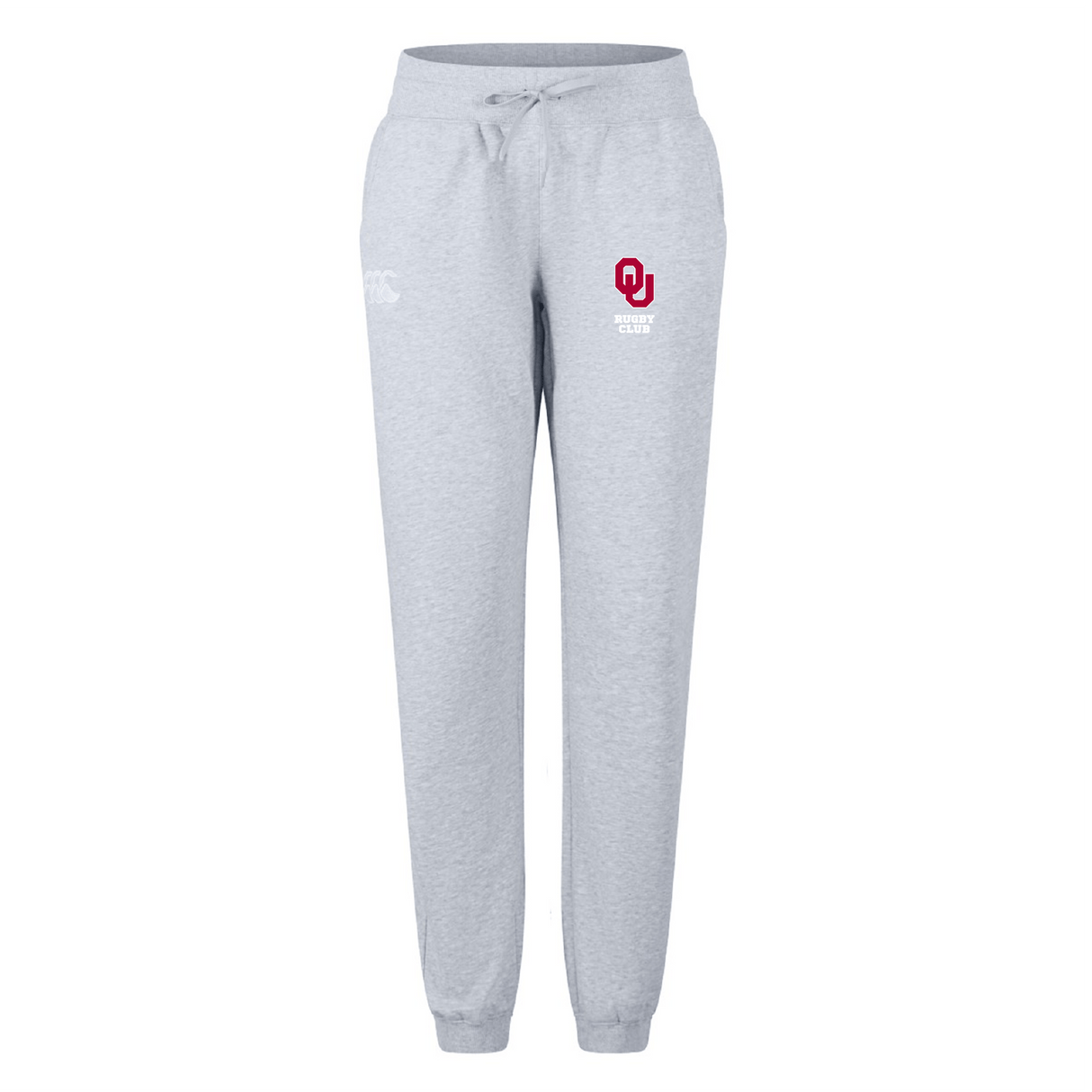 The University of Oklahoma Women's Leisure Sweatpant by EMB Canterbury features a drawstring waist, iconic "OU" logo on the left thigh, and is made from soft organic cotton. These gray sweatpants offer comfort and style.