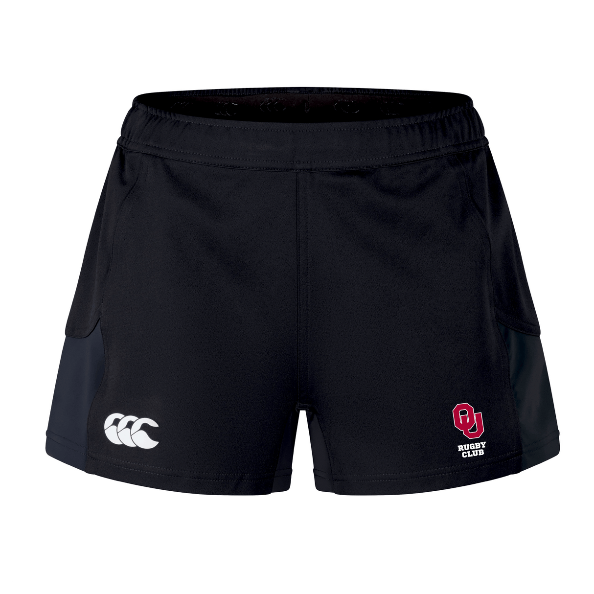 The University of Oklahoma Women Women’s Advantage Short 2.0 by Canterbury, in black, has a white logo on the left and a red "OU Rugby Club" emblem on the right. Made from recycled materials, they offer enhanced performance and eco-friendly style for athletes.