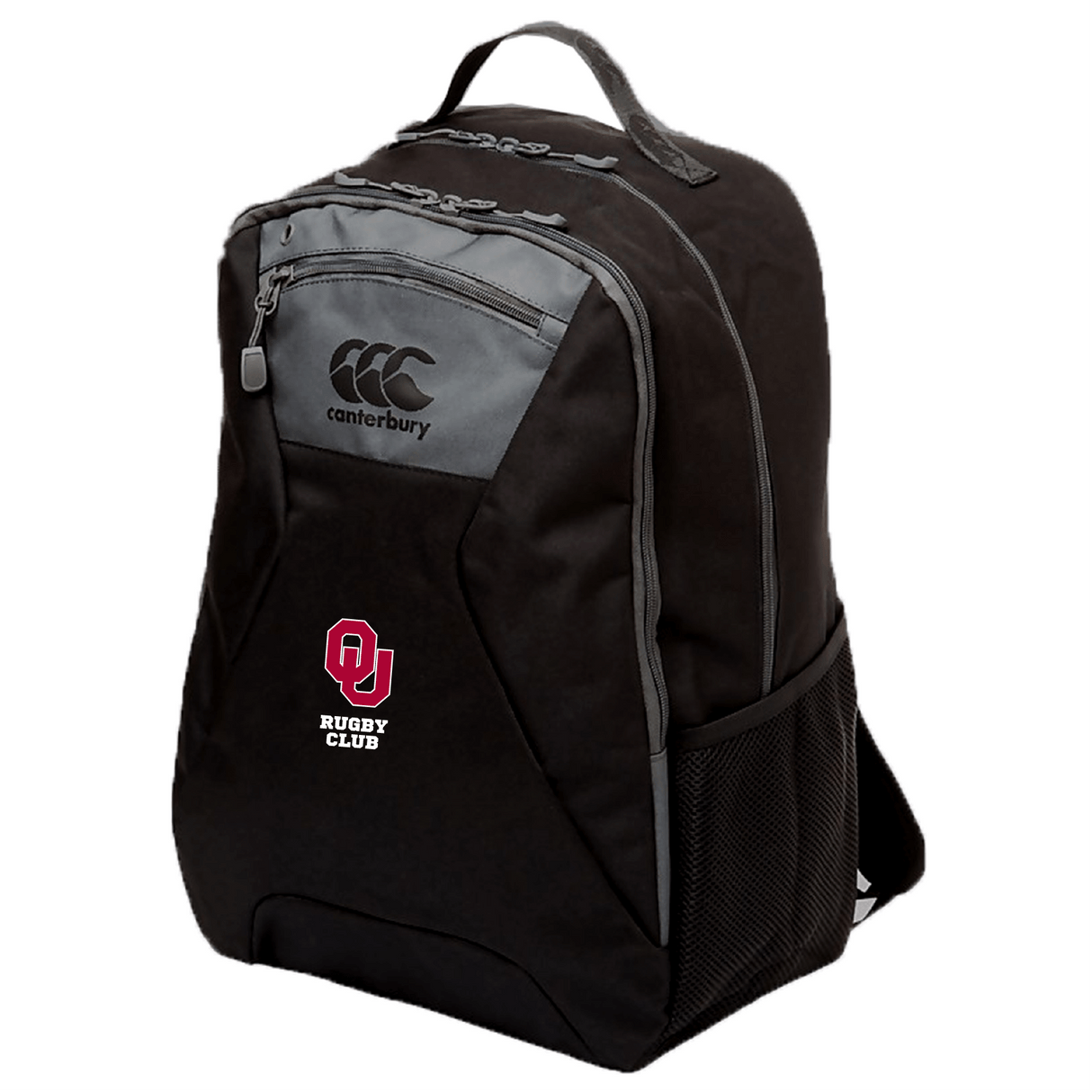 The EMB Canterbury University of Oklahoma Women's Medium Backpack is crafted from durable polyester in black and gray with a "Rugby Club" emblem and "OU" logo. It features a handle, mesh side pocket, and offers water-repellent protection.