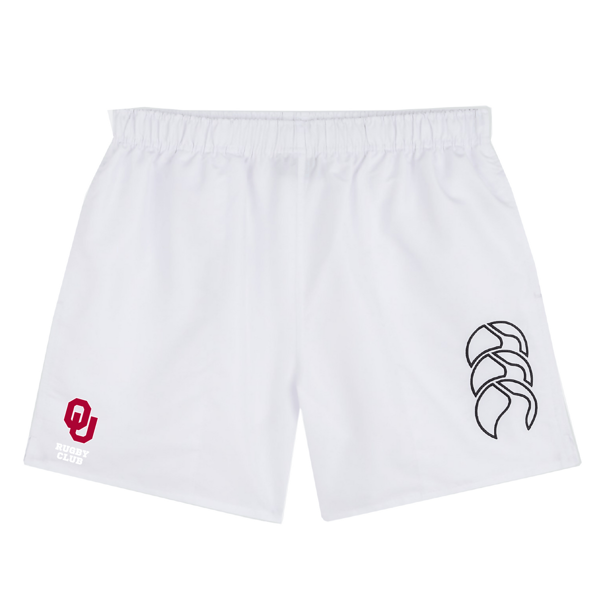 Experience comfort with EMB Canterbury's "University of Oklahoma Women Tactic Short." Featuring an elastic waistband, these classic white rugby shorts showcase team pride with a red "OU Rugby Club" logo and a sleek black curved emblem.