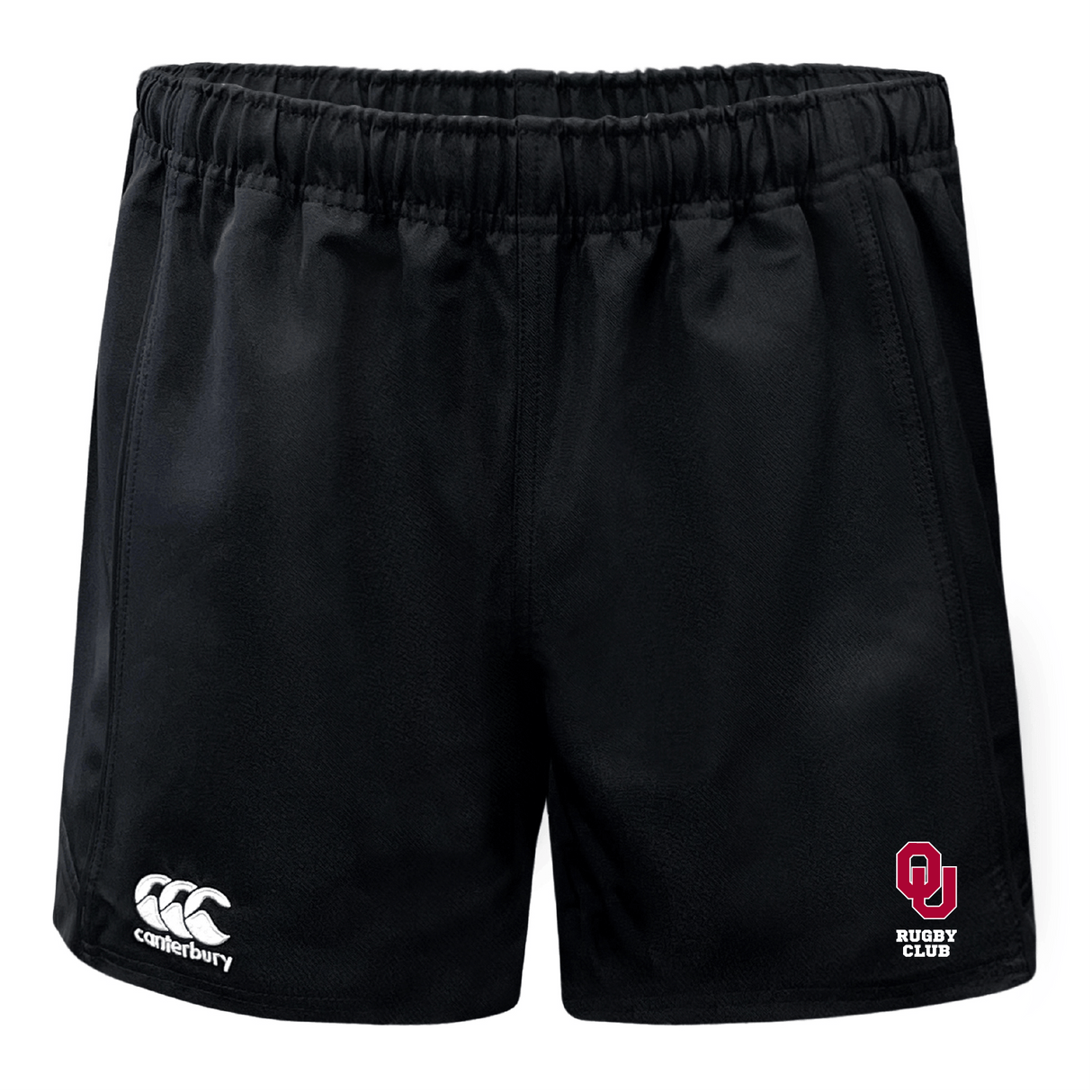 The University of Oklahoma Women Advantage Rugby Shorts by Canterbury feature an elastic waistband, the EMB Canterbury logo on the left leg, and a red rugby club emblem on the right. Designed for superior comfort, they include moisture management technology to keep you cool and dry.