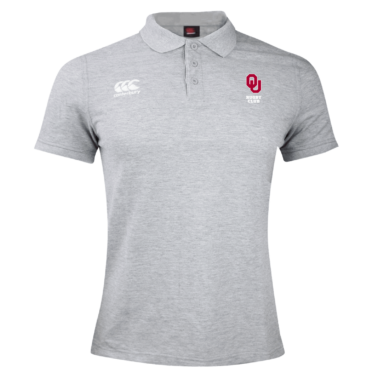 Gray University of Oklahoma Women Waimak Polo by EMB Canterbury featuring the OU Rugby Club and Canterbury logos on the front, crafted from a comfortable cotton polyester blend.