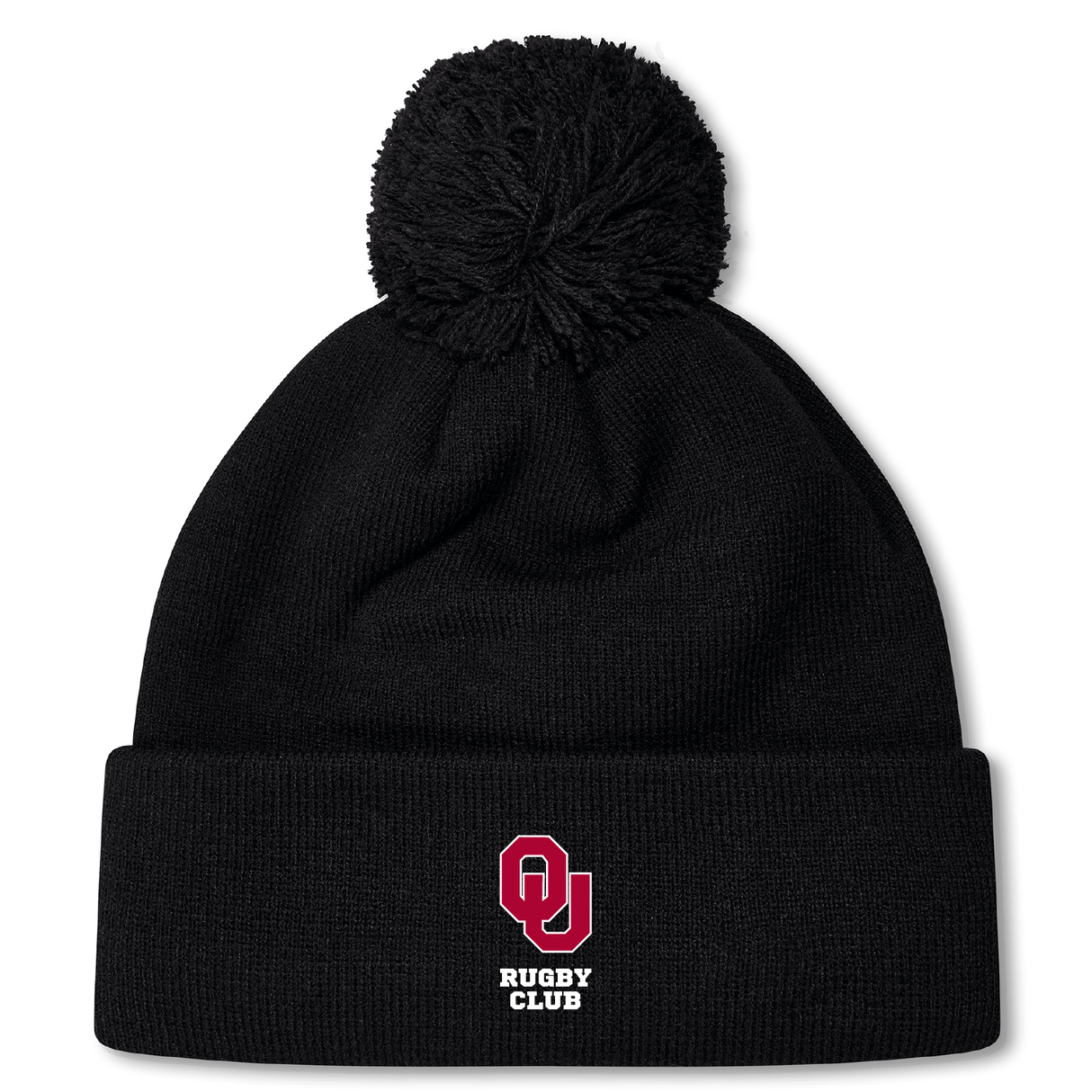 The University of Oklahoma Women Pom Pom Beanie by EMB Canterbury is a black beanie featuring a large pom-pom and a front logo with a red "O," "U," and "Rugby Club" in white. Fleece-lined for warmth, it's ideal for chilly days to display your Canterbury Rugby pride.