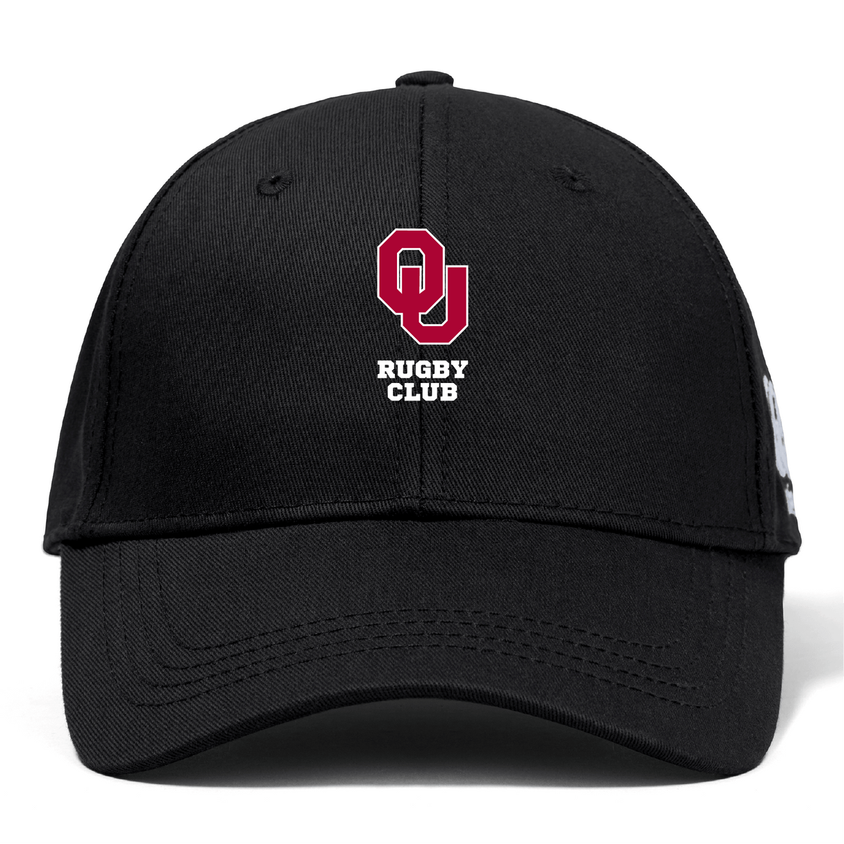 The University of Oklahoma Women Flexfit Drill Cap by EMB Canterbury showcases an embroidered "OU Rugby Club" logo in red and white on the front, featuring a convenient snap adjuster for a perfect fit.