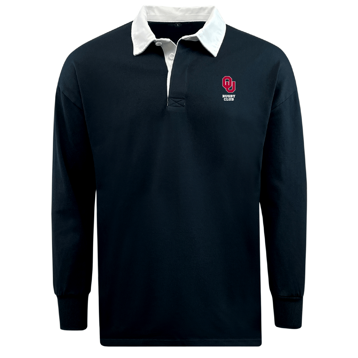 The EMB Mudoo University of Oklahoma Women Classic Long Sleeve Solid Rugby Jersey, made from a comfy cotton/poly blend, sports a white collar and small red "OU Rugby Club" logo on the upper left chest, epitomizing timeless rugger style in classic navy.
