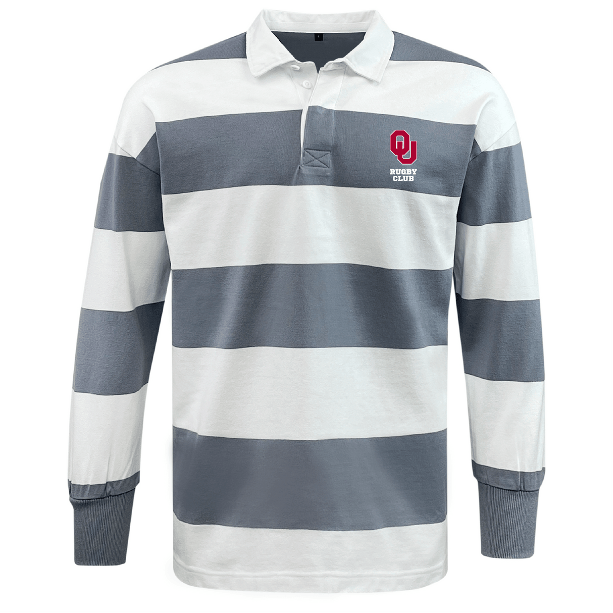 The EMB Mudoo University of Oklahoma Women's Classic Long Sleeve Hooped Rugby Jersey showcases wide gray and white stripes, a classic collar, a small logo on the left chest, and is crafted from a comfy cotton-poly blend.
