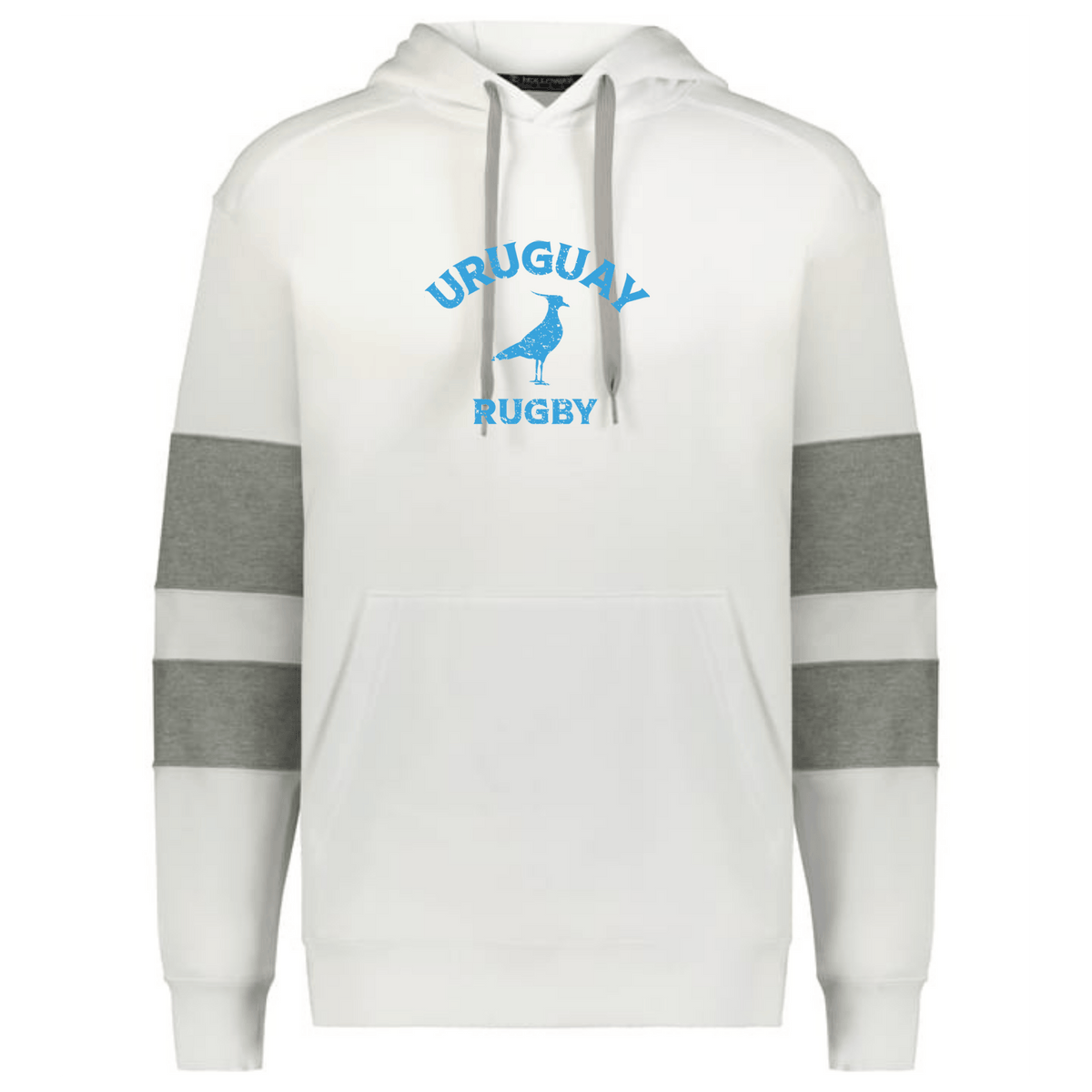 The WRS Augusta Nations of Rugby Uruguay Jackson Way Hoodie features gray sleeve bands, a blue "Uruguay Rugby" logo, and a rugby player silhouette on the front.