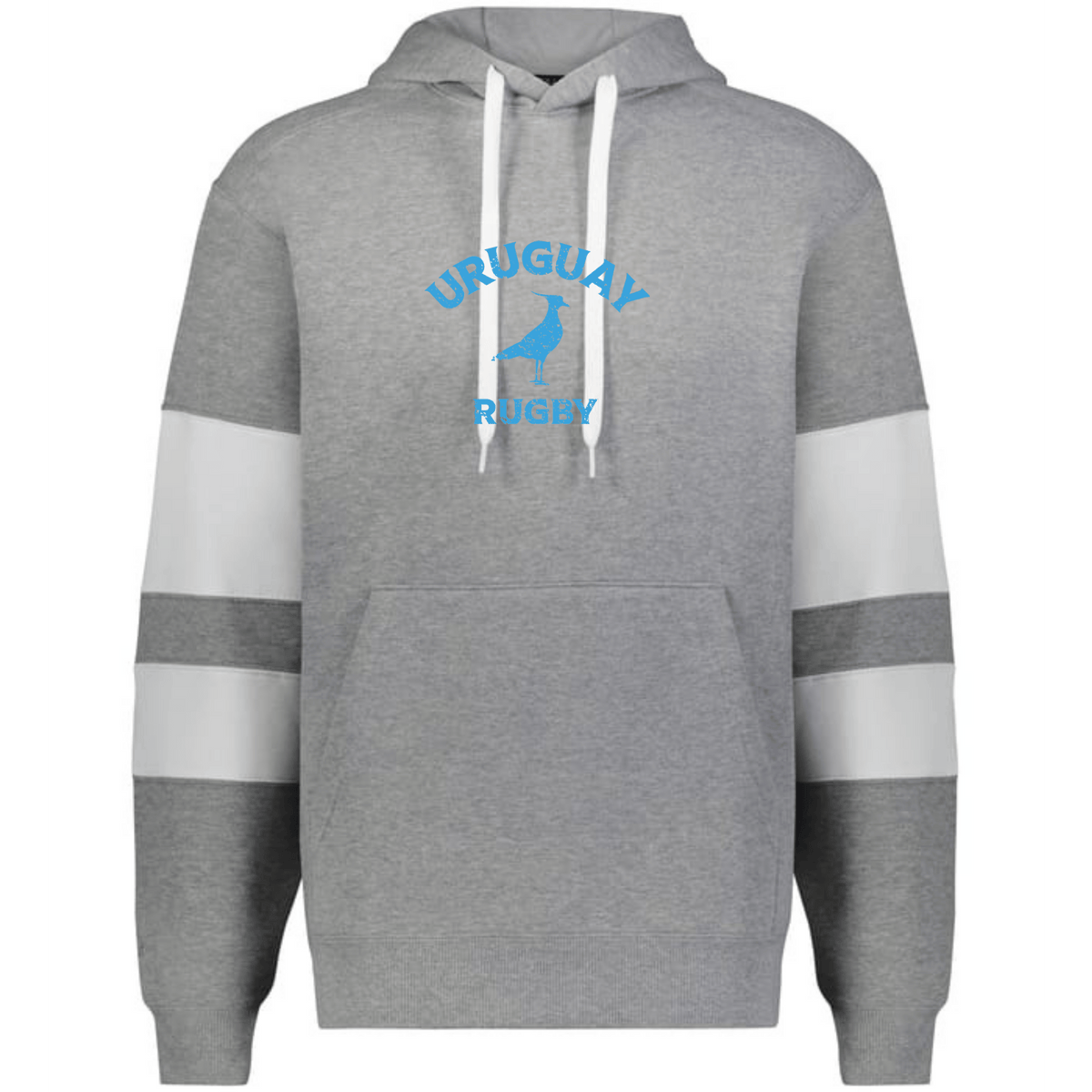 The WRS Augusta Nations of Rugby Uruguay Jackson Way Hoodie is gray with white drawstrings and sleeve bands, featuring a blue "Uruguay Rugby" logo and a Uruguay silhouette on the chest.
