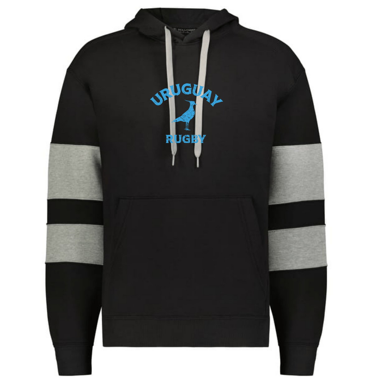 The Nations of Rugby Uruguay Jackson Way Hoodie by WRS Augusta features light gray sleeve stripes, a front pocket, and "URUGUAY RUGBY" above a stylized blue bird—an essential hoodie for Uruguay rugby fans.