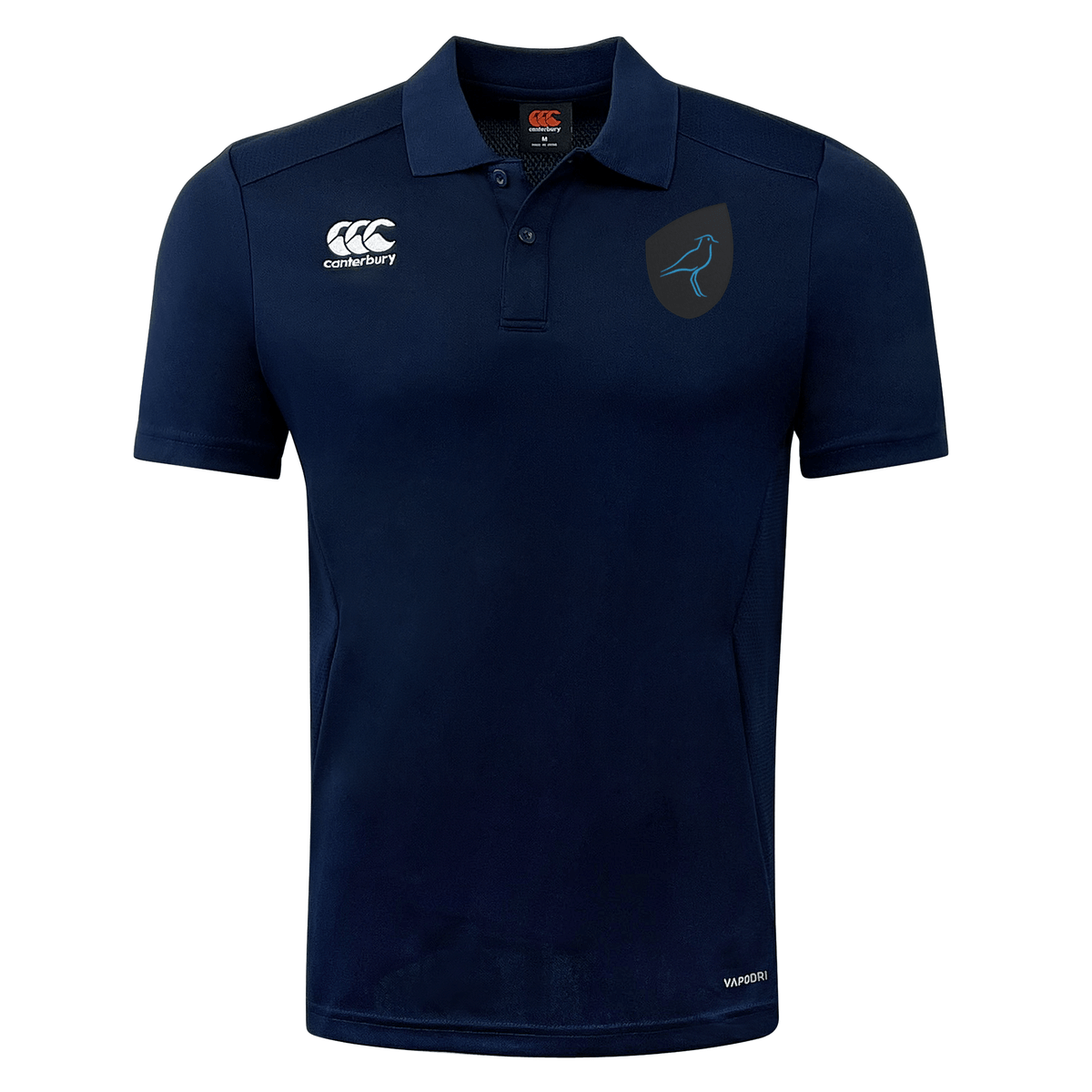 A navy blue EMB Canterbury Uruguay Shield Club Dry Polo with the Uruguay Shield Club logo on the right chest and a stylized bird emblem on the left.